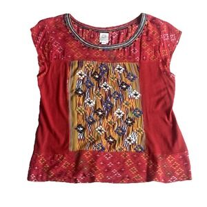 Tiny Anthropologie Embroidered Floral Top Size Small Short Sleeve Red Bohemian